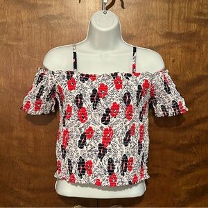 Janie & Jack Smocked Cold Shoulder Top Girls 18 White Floral Cotton Short Sleeve